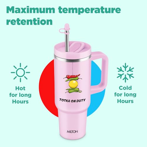 Image of MILTON Malmo 1200 Thermosteel Double Wall Vacuum Insulated Stainless Steel Tumbler with Handle 1100ml, Travel Mug with Straw,Silicon Cap,Cleaning Brush,Hot & Cold Beverage Flask,Totka Pink