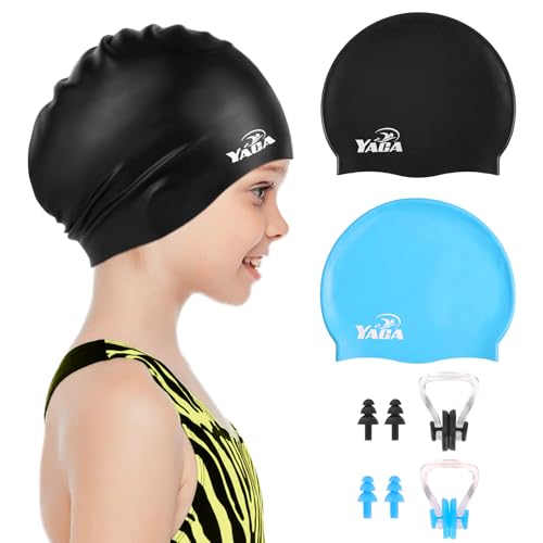 Swim Cap Kids for Long Hair 2 Pack Silicone Swimming Cap for Boys Girls Aged 3-15 Durable Kids Swim Cap Short Hair Fit Waterproof Swim Caps for Kids Toddler with Ear Plugs & Nose Clip