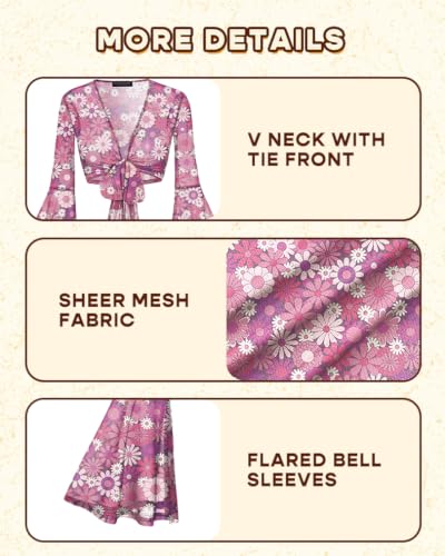 Image of For G and PL Women Tie Front Bell Sleeve Rave Crop Tops Floral Print Hippie Mesh Sheer Shirt