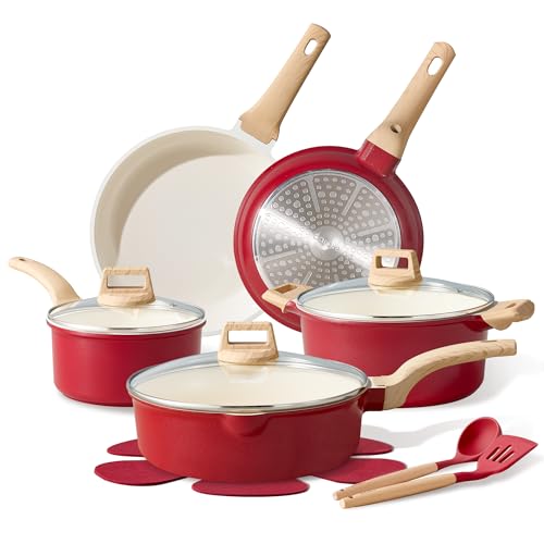CAROTE 14 Pcs Ceramic Cookware Set, Pots and Pans Set Non Stick with Ceramic Coating, Induction Kitchen Sets, Red