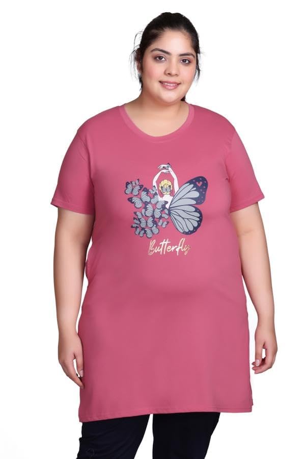 Image of In Love Women's Printed Cotton Plus Size Longline T-Shirt Cap Sleeve with Pockets Muted Pink 7XL