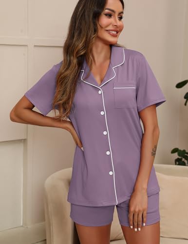 Image of ZMJ Pajamas for Women Set 2 Piece Pj Short Sets Bride Sleepwear Button Up Violet XL