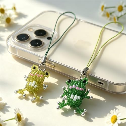 2 Pack Handmade Beaded Frog Phone Charms Cyan Green Hanging Pendant Chain - 1