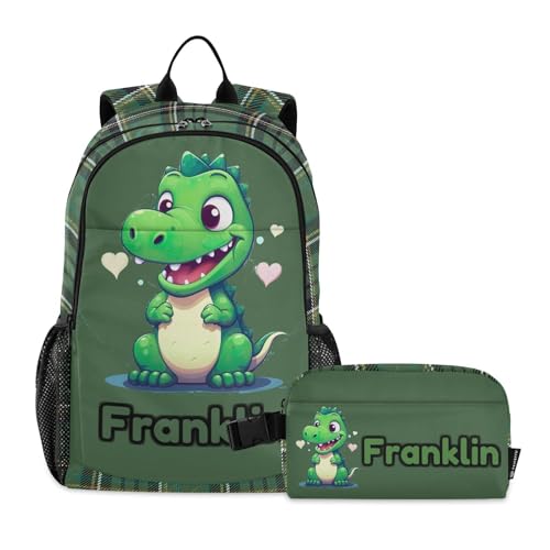 Custom Green Little Dinosaur Backpack for Kids Personalized Junior High Elementary Bookbag Lightweight Backpack with Lunch Box for Teens Kids Boys Girls