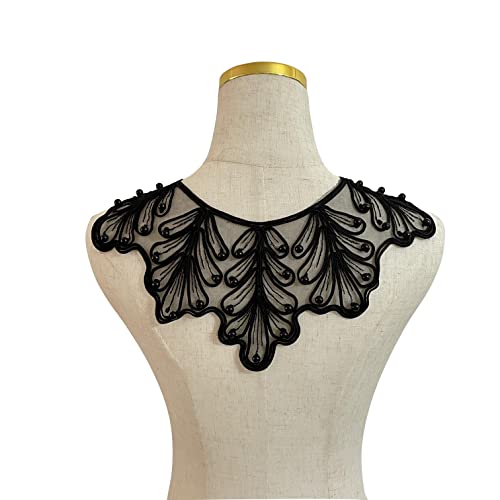 MMvolesy 1 pieza de encaje negro 3D con diseño de flores bordadas para vestido de novia, tocado de novia, vestido de noche, parte delantera del pecho y espalda, parche decorativo de 15 x 6 pulgadas