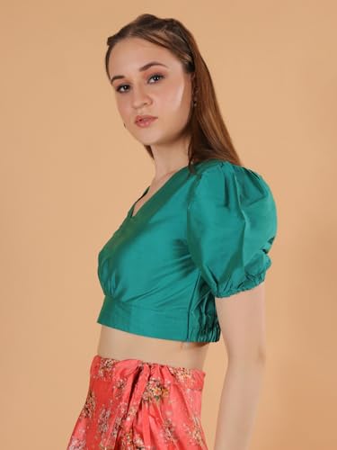 Image of Frolic Rolic Premium Silk V-Neck Blouse Readymade Saree Blouse - Designer Puff Sleeve Blouse for Wedding