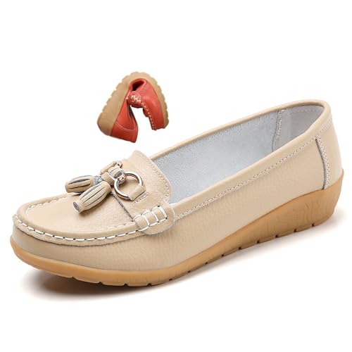 Mocasina de piel ortopedica para mujer, mocasines clásicos, de goma, no deslizantes, informales, bajos, para oficina, viajes, conducción, planas, beige, 42 EU