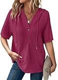 Dokotoo Womens Fashion Summer Tops 2025 Waffle Knit Short Sleeve Tops Lightweight Drawstring Hoodies Button V Neck Loose Soft Dressy Casual Blouses Oversized T Shirts for Women Pitaya Pink Medium