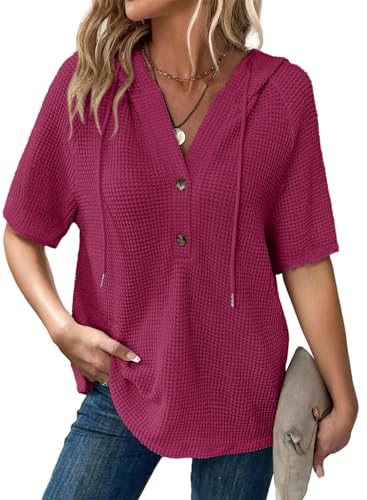 Dokotoo Womens Fashion Summer Tops 2025 Waffle Knit Short Sleeve Tops Lightweight Drawstring Hoodies Button V Neck Loose Soft Dressy Casual Blouses Oversized T Shirts for Women Pitaya Pink Medium