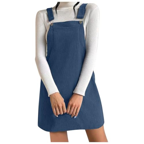 KBOPLEMQ Latzkleid Damen Cord A-Linie Minikleid Button Down Trägerkleid Herbst Winter Latzkleid mit Taschen Elegant Kordkleid Teenager Mädchen...