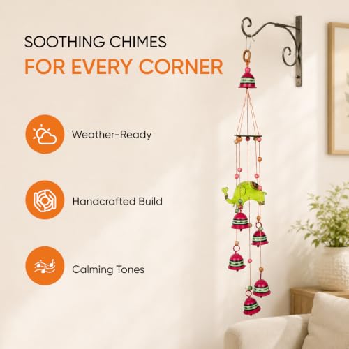 Image of Aakriti Art Creations Elephant Wind Chime with 5 Metal Bells | Handmade Modern Art Wooden & Metal Wind Chime | Outdoor & Indoor Decorative Wind Chimes for Balcony, Garden, Living Room & Gifting