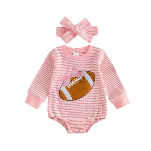 Kavousa Newborn Baby Girl Football Outfit Long Sleeve Bubble Romper with Headband Infant Fall Winter Waffle Clothes (Pink football 0-3 Months)