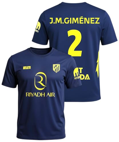 Atletico de Madrid - Camiseta Segunda Equipación 2025‑2026 | Réplica Oficial J.M. Giménez 2 | Azul Marino y Amarillo | Corte Clásico | Tejido Transpirable (FR/ES, Letras, L, Regular, Regular)