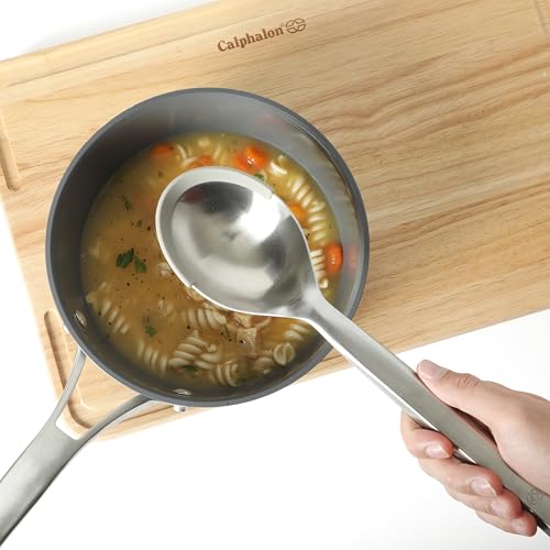 Image of Calphalon Prime Kitchen Spoon, Stainless Steel & Silicone Cooking Spoon with Taupe Silicone Rim, Heat-Resistant Nonstick-Safe Spoon for Stirring, Mixing & Serving