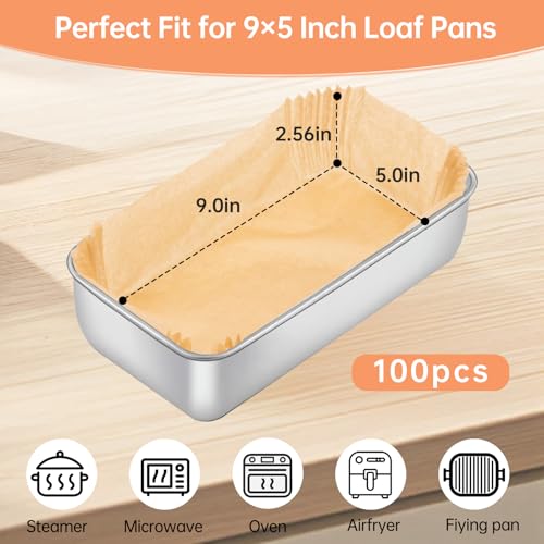 100 Pcs Loaf Pan Liners for Baking Bread 9x5 Inch, Non-Stick Pre Formed Parchment Paper for Bread Pan, Ideal Disposable Loaf Breads Liners for Baking Toast, Cakes, Banana Breads, Brown