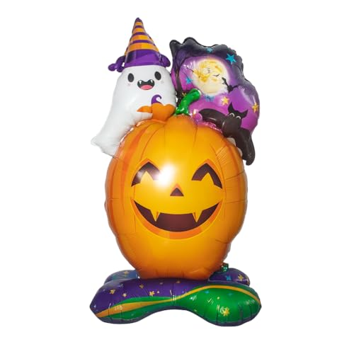 Image of AMFIN (Pack of 1) Self-Standing Halloween Ghost Pumpkin Foil Balloon with Base - 47 Inch Giant Inflatable Pumpkin Balloon with Ghost & Haunted House - Multicolour