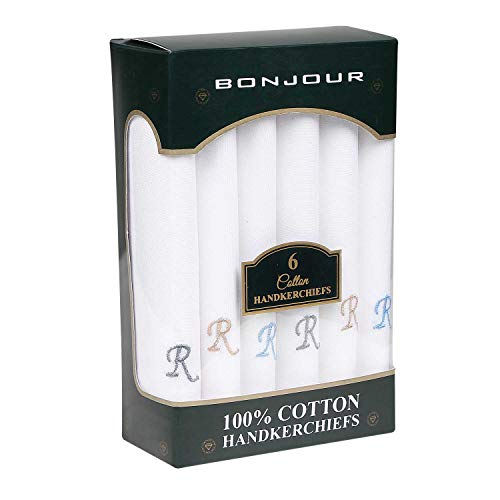 Image of Bonjour Men's White Cotton Handkerchief With Alphabet (A to Z) Initial (Pack of 6)