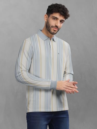 Image of BULLMER Striped Textured Printed Polo Neck Fullsleeve T-Shirt with Rib for Men