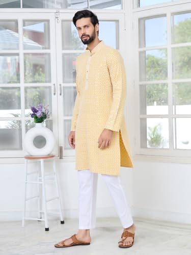 Image of See Designs Men's Full Sleeve Mandarin Collar Embroidered Thread Work Sequinned Rayon Straight Long Kurta - Festive Collection