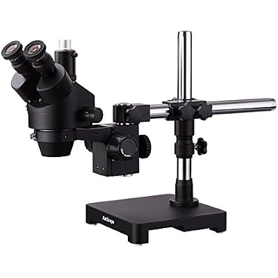 AmScope 7X-45X Black Trinocular Stereo Zoom Microscope on Single Arm Boom Stand