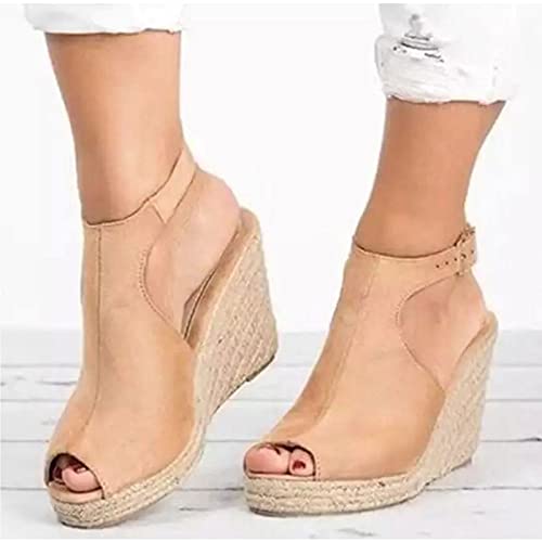 Wedges Shoes, Womens Espadrille Platform Wedge Sandals, Summer Ankle Strappy Peep Toe Slingback High Heel Sandals (Color : Khaki, Size : 8)2