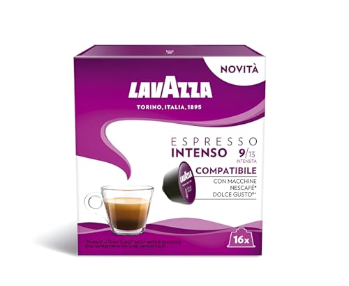 Lavazza, Espresso Intenso, Cápsulas Compatibles con Máquina Nescafé Dolce Gusto, con Notas Aromáticas de Caramelo, Arábica y Robusta, Intensidad 9/13, Tueste Oscuro, 16 Cápsulas