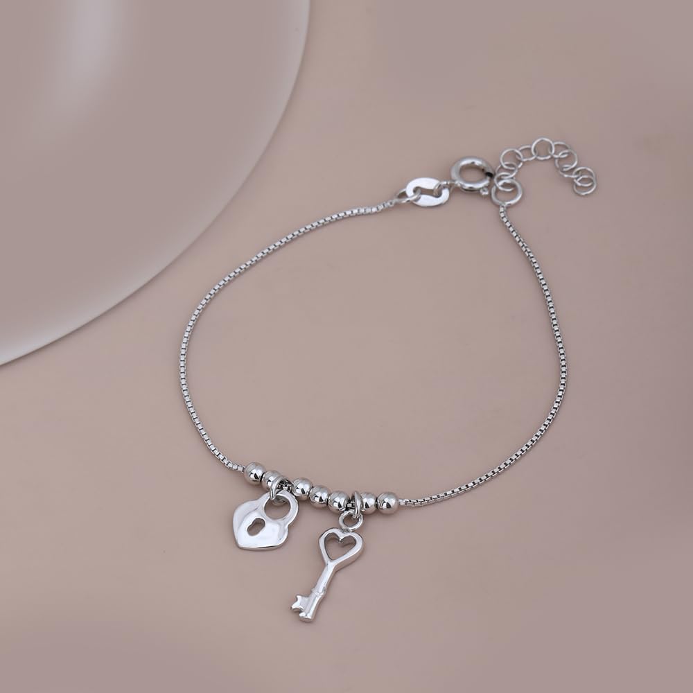 Vanbelle Sterling Silver Jewelry - Rhodium Plated with 925 Stamp - Hanging Lock & Key Bracelet - Elegant Handcrafted - for Women - 6.5" long + 1" extender - Image 7