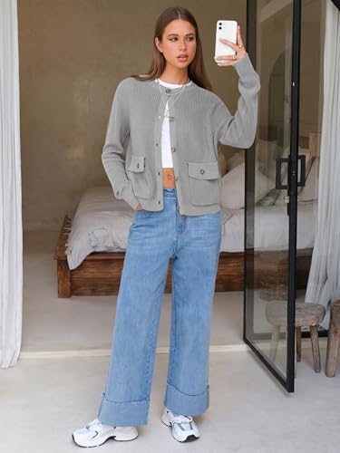 EXLURA Women's 2025 Knit Cardigan Sweaters Early Fall Fashion Long Sleeve Open Front Button Down Trendy Casual Cropped Jacket Grey — view 4