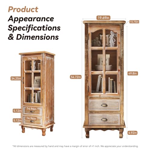 Image of LKTART 55 inch Tall Kitchen Pantry Cabinet,Narrow Storage Cabinet with Drawers | Solid Wood Frame;Farmhouse /French Country Narrow Corner Glass Display Cabinet;Narrow Storage Cabinet;Tall Accent Cabinet