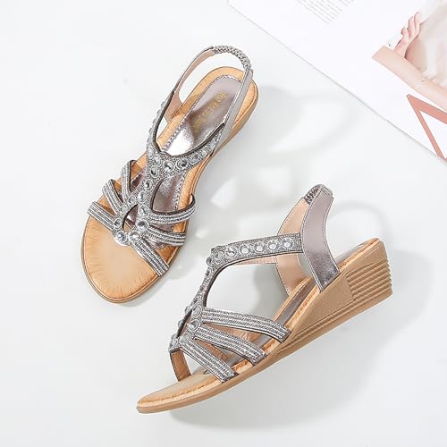 Sandales d'été compensées confortables à talons bas strass - 2