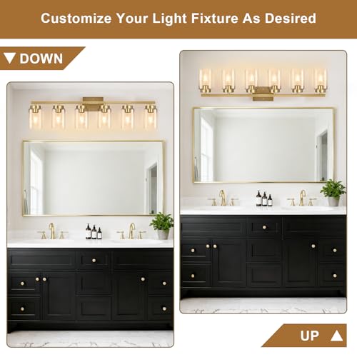 Image of IZORRO Bathroom Light Fixtures, Modern Vanity Lights, Bathroom Lighting Fixtures Over Mirror with Clear Glass Shade, Wall Sconce for Living Room Cabinet Bedroom (Brushed Gold, 6-Light)
