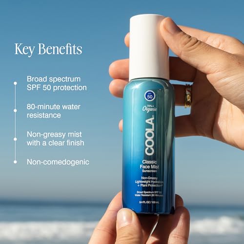 Image of COOLA Organic Sunscreen SPF 50 Sunblock Face Mist, Dermatologist Tested Skin Care for Daily Protection, Vegan and Gluten Free, Natural Fragrance, 3.4 Fl Oz