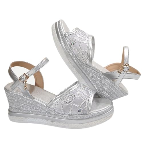 Genérico Sandalias Mujer Cuña Pies Anchos Zapato Comodas Sandalias Gruesas de Verano para Mujer,de Talla Grande,Con Parte Superior Malla Con Un Botón,Transpirables Y Cuñas (Silver,37)