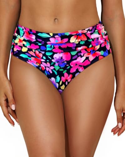 Image of Women Mid Rise Bikini Bottoms Full Coverage Ruched Scrunch Swim Bottom 2026 | Full Lining, Shirred, Mid Waist, Tummy Control, Scrunch Butt
