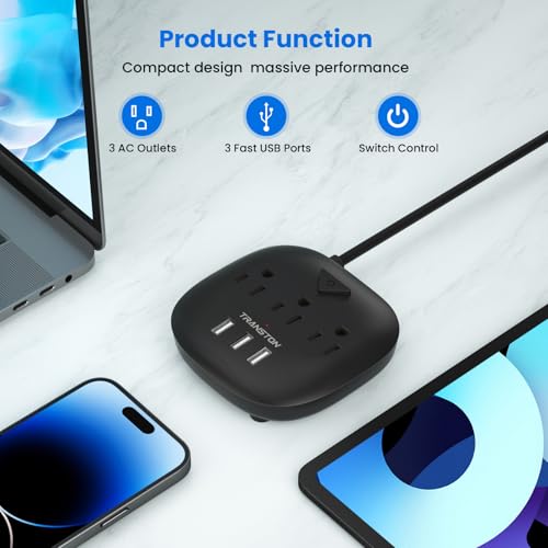 Extensión TRANSTON TTPS01- Black con 3 tomas y 3 puertos USB, control con interruptor, estación de carga de escritorio con cable de extensión de 1.52 m, compacto para noche, oficina y viaje - Negro miniatura 2