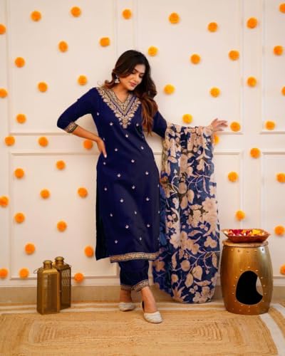 Image of Women Afghani Viscose Rayon Kurta Pant Dupatta Set with Embroidered Neck Work and Floral Print Organza Dupatta | Ethnic Straight Suit Set