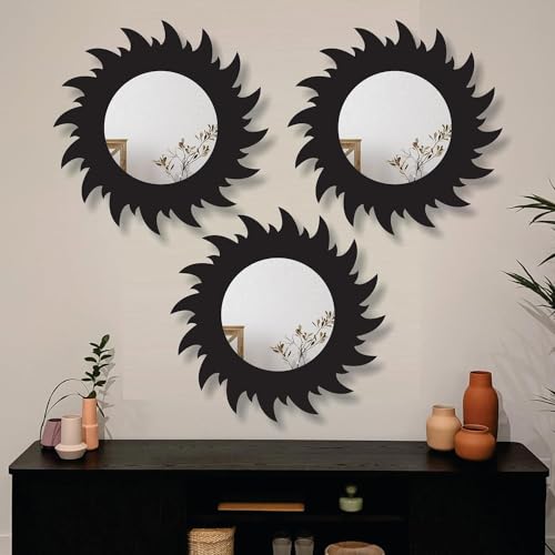 Image of Creative Arts n Frames 11 inch Set of 3 Round Wall Decor Hand Crafted Wooden HD Wall Mirror Panel for Living Room Bedroom Lobby Modern Wall Decor Home Decor Items (Chakra 2 Black)