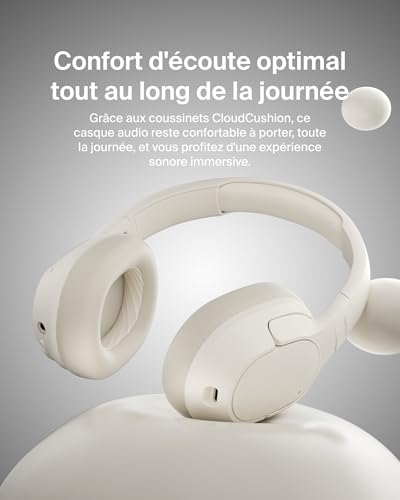 Belkin SoundForm Isolate Casque Bluetooth sans Fil avec ANC Hybride (casque audio à réduction de bruit, 60 h de lecture, basses profondes, oreillettes CloudCushion, utilisation en déplacement) - beige