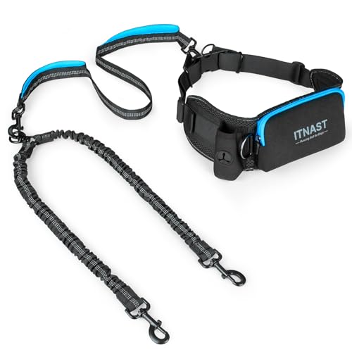 ITNAST Hands Free Double Dog Leash Tangle Free Lumbar Support Dual Leash for Medium Large 2 Dogs With Bungee Waist Bag Padded Handles Reflective Stitching for Dog Walking Jogging Hiking Training