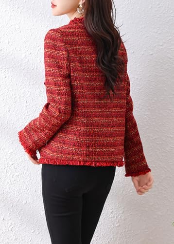 chouyatou Women's Fall V-Neck Fringed Tweed Jacket Button Down Plaid Dressy Tweed Blazer Jacket2