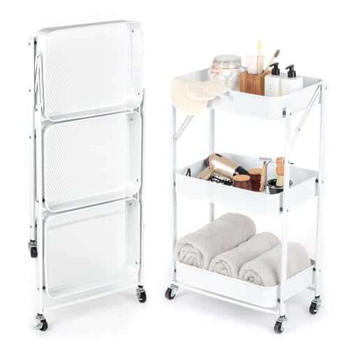 NTEK White 3 Tiers Foldable Storage Trolley Cart | Kitchen utility carts | Foldable Rolling Carts | Trolley with Locking Wheels for Kitchen | Kitchen Storage Wagon | Storage Tower Holder Rack (White)