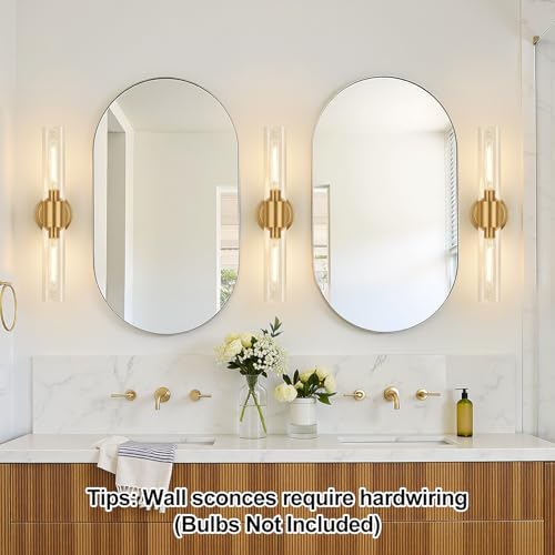 Image of Wall Sconces Set of Two, Brushed Gold Bathroom Sconces Wall Lighting with Clear Glass, Hardwired Modern Sconces Wall Decor Set of 2 for Bathroom Mirror Bedroom Living Room Hallway