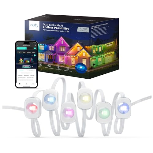 eufy Permanent Outdoor Lights E120, 50ft with 30 Dual-LED RGB and Warm White Eave Lights, IP67 Waterproof, App Control, AI Light Design, Endless Themes for Christmas Decorations, Links with Cameras