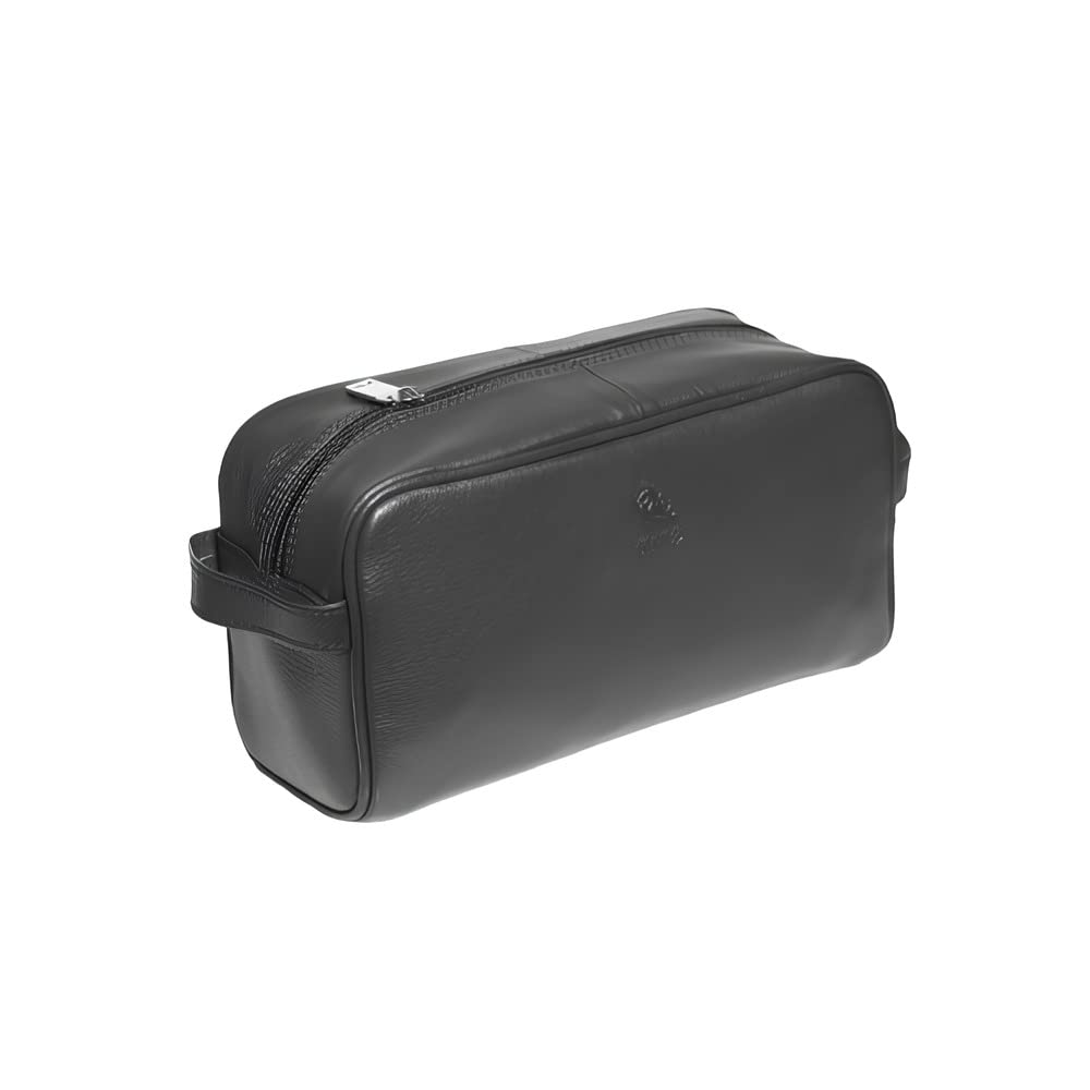 Kara Black Leather Toiletry Bag, Travel Organiser, Durable Leather Grooming Case-image-26