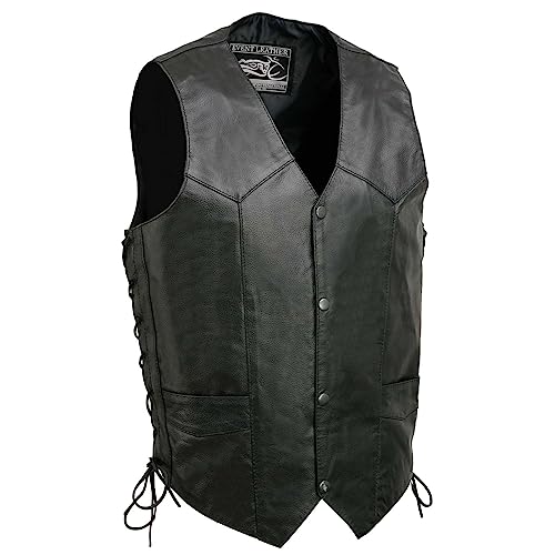 EL1315 Men's Club Style Black Leather Motorcycle Riders Vest w/Side Lace - Riding Club