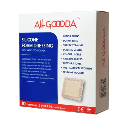 ALL GOOODA Silicone Foam Dressing 4”x4”[10 Pack] Gentle Adhesive Border for Wound Care, Sacrum, Sacral Foam Dressing, Bed Sore, Pressure Sore, Leg Ulcer, Diabetic Ulcer, Large Wound Bandage