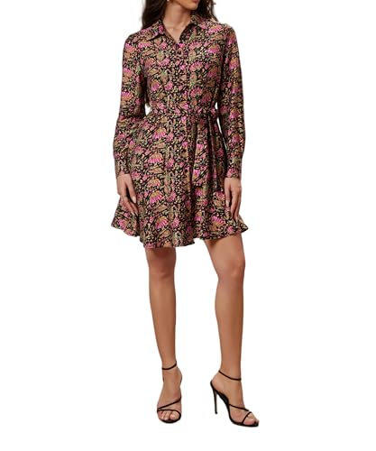 Image of Women's Long Sleeve Button Up Midi Belt Shift Collar Dress with Pockets for Work Office Business