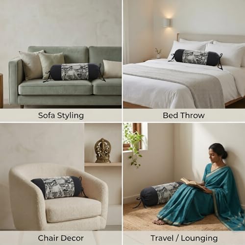 Image of SAJAVAT HOME Black & White Printed Bolster Cover Set of 1 | 32x15 Inch Side Pillow Cover with Adjustable Ties for Sofa, Couch & Diwan | Stylish Round Pillow Cover