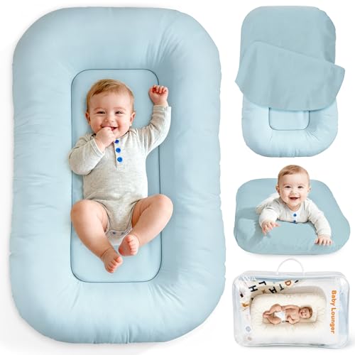Baby Lounger & Snuggle Nest for Newborn 0-24 Months, Baby Nest Supervised Breathable Cotton for Newborn, Breathable Portable Infant Lounnger for Travel and Home, Blue (Lounger Cover Included）
