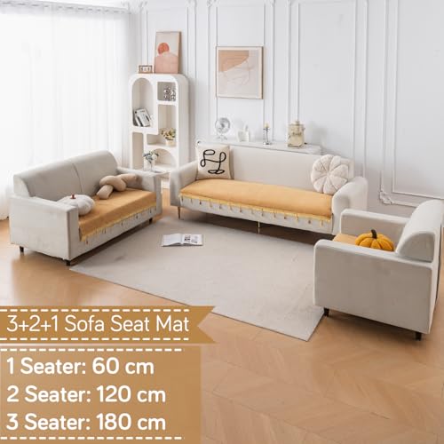 Image of HOKIPO 'Serenity Tassel' Chenille Sofa Cover 6 Seater Set with Tassels - Washable 3+2+1 Sofa Cover Mat | Sunlit Amber (IN-890 + IN-891 + IN-892 - GLD)